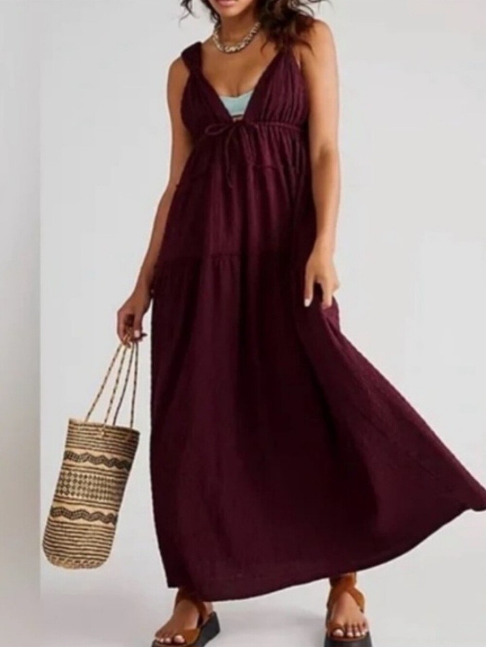 Free People Beach Martina Maxi Dress in Burgundy Color Goddess Festival Resort